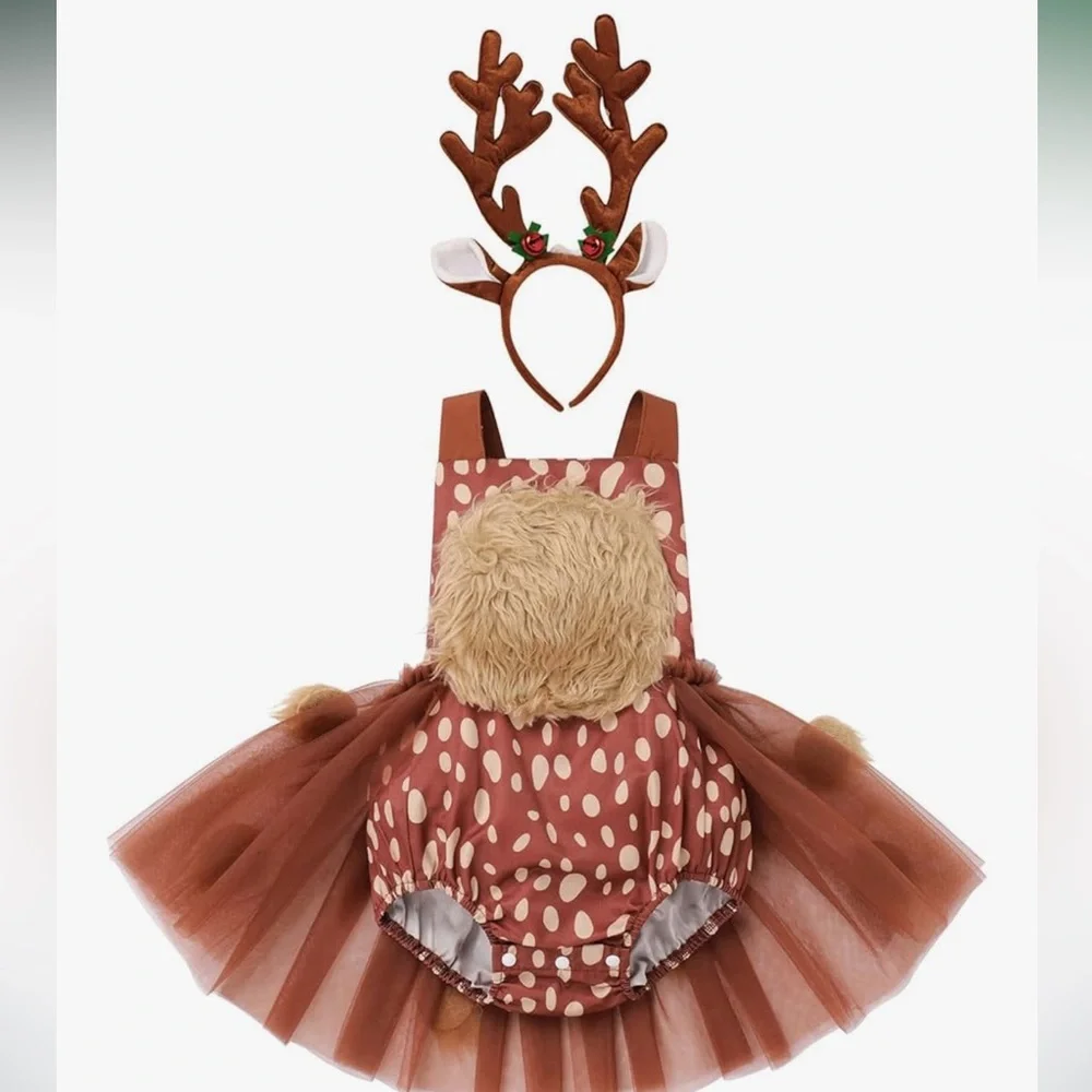 Brown Reindeer Tutu Dress with Antler Headband